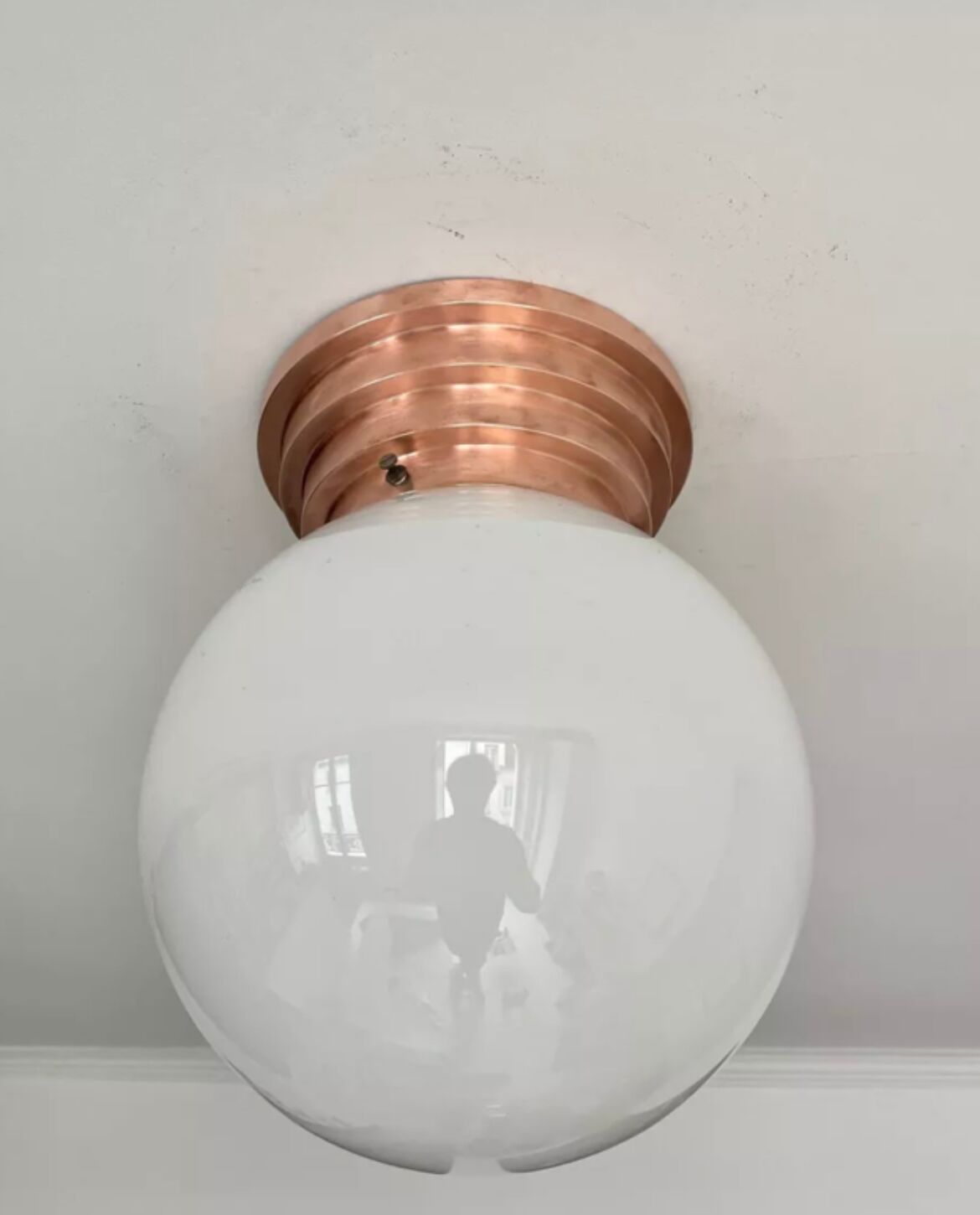 Vintage ceiling lamp, copper and art deco opaline, France 1930