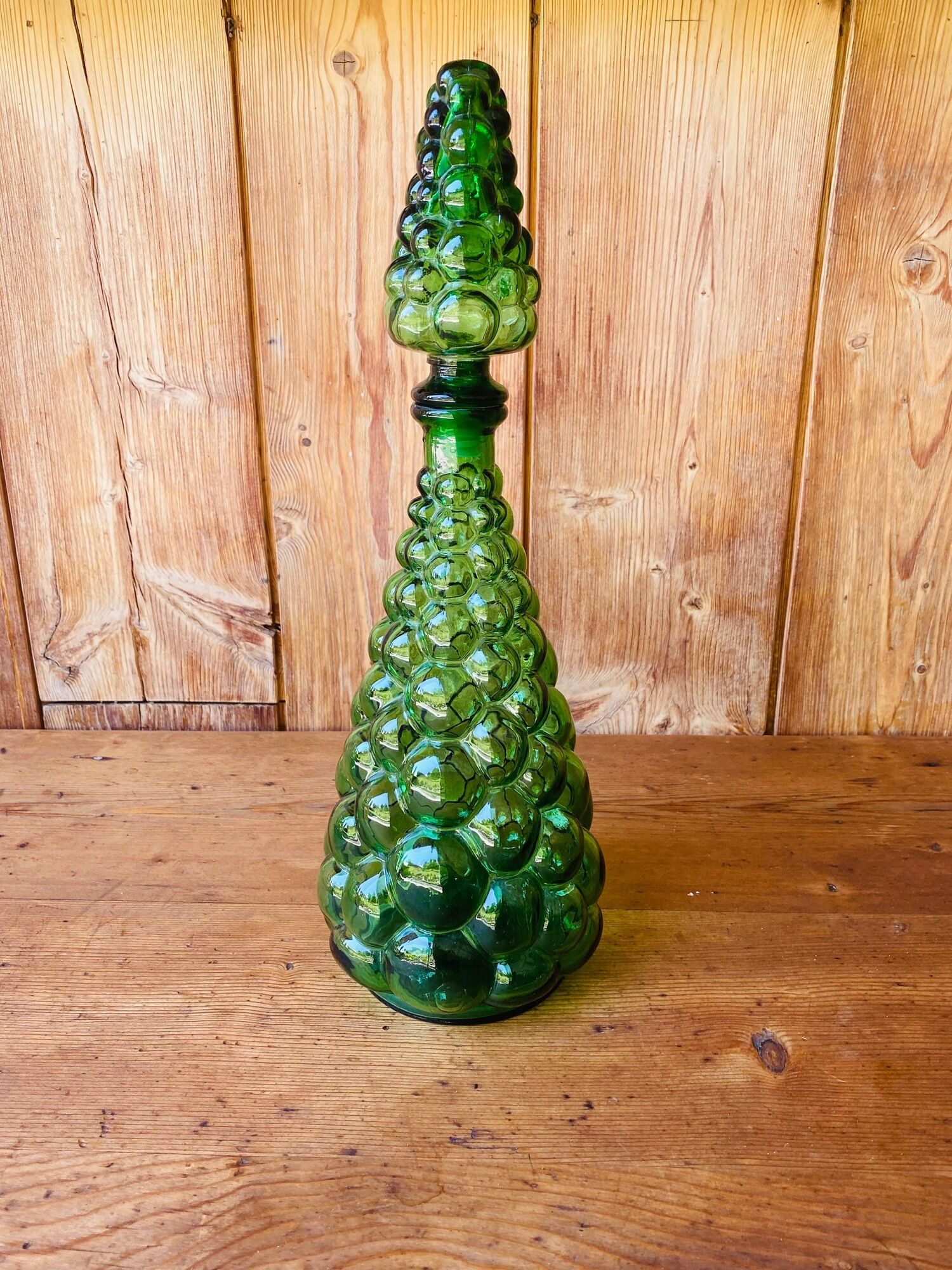 Italian decanter made of green empoli glass grape-shaped bubbles - vintage