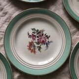 6 assiettes plates Ceranord Saint Amand Beaugency fleurs bords dorés et vert menthe