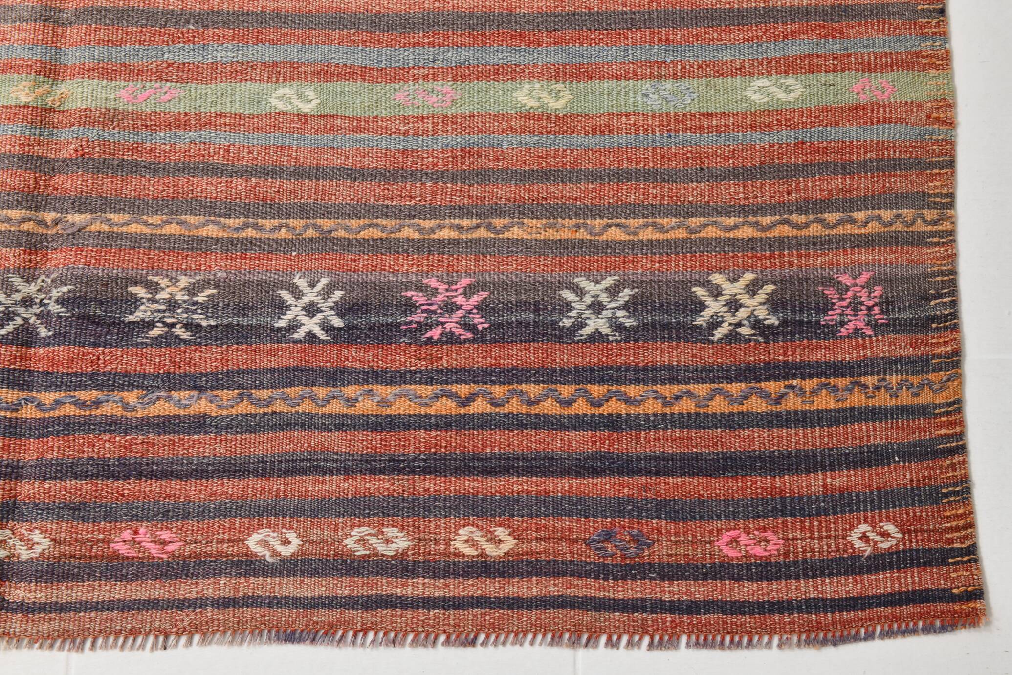 Red & Blue Pinstriped Pattern Vintage Kilim Rug, 156x221Cm