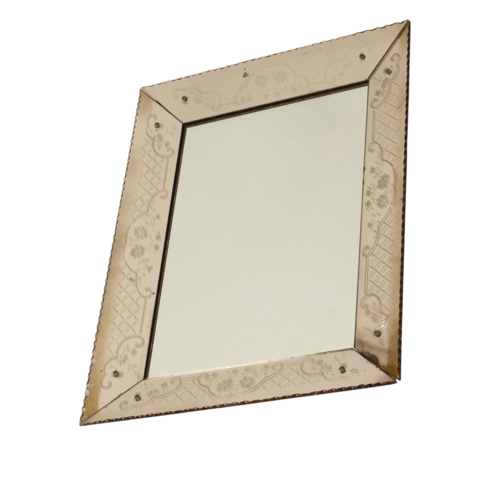 Large Venetian mirror, pink glass with engraved flowers, 77 cm