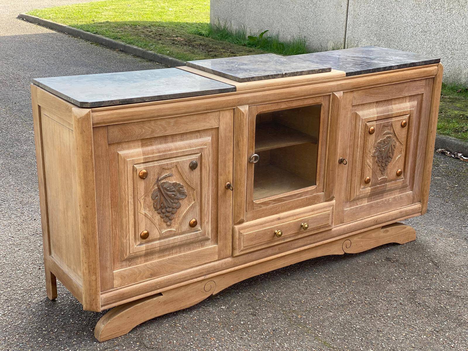 Renovated art deco sideboard in solid raw oak and gray marble 186cm