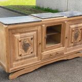 Renovated art deco sideboard in solid raw oak and gray marble 186cm
