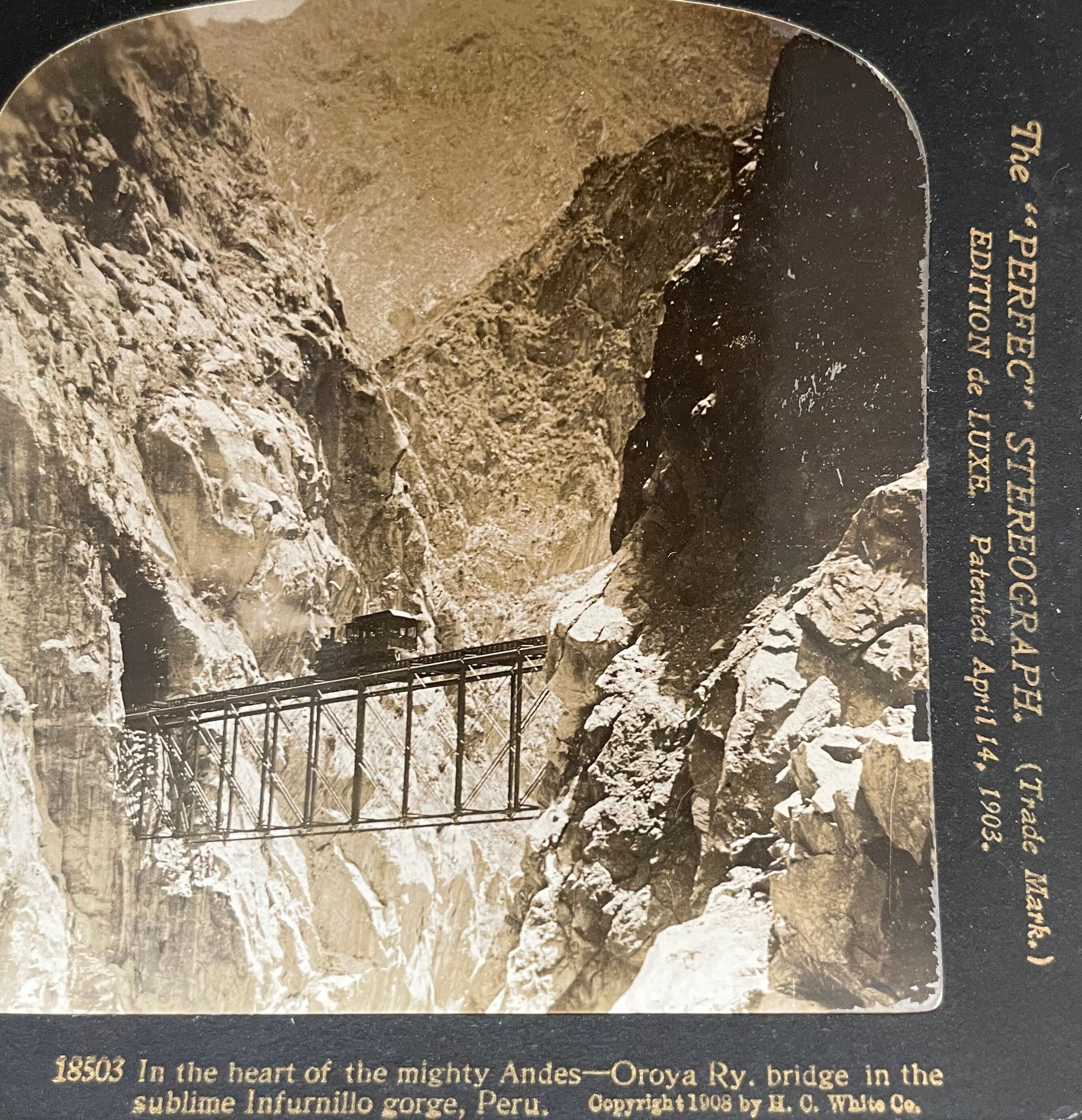 Old photography stereo, stereograph, luxury albumine 1903 Gorge d'Infurnilllo, Peru