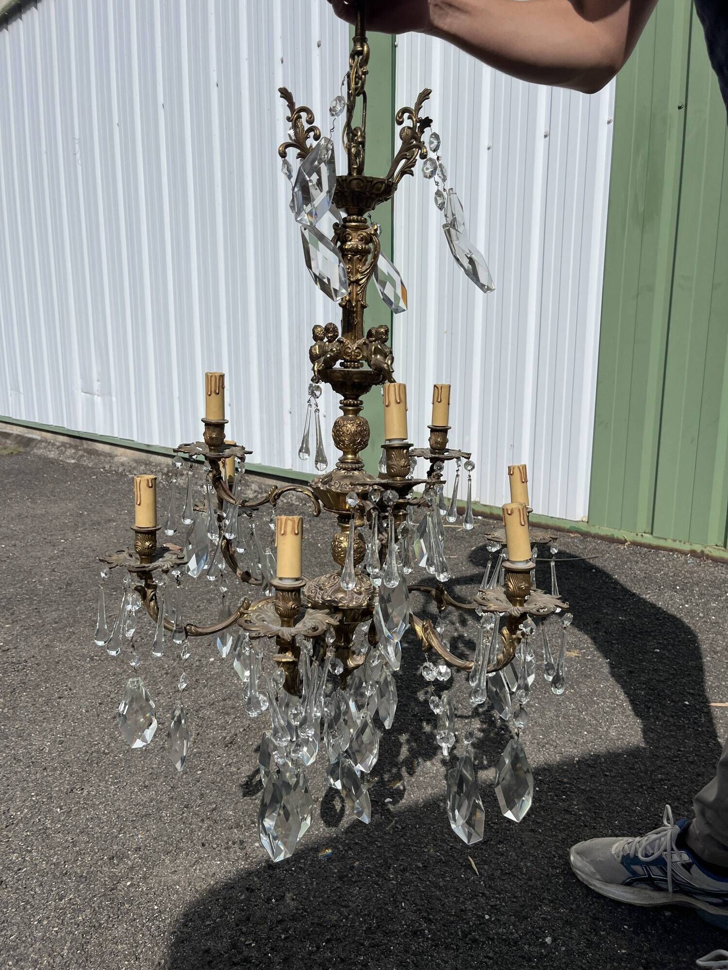 Large antique chandelier with 9 lights, bronze and cut glass pendants, cherubs, style