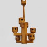 Vintage wooden chandelier with 6 lights. Antique lighting fixture. 1970s