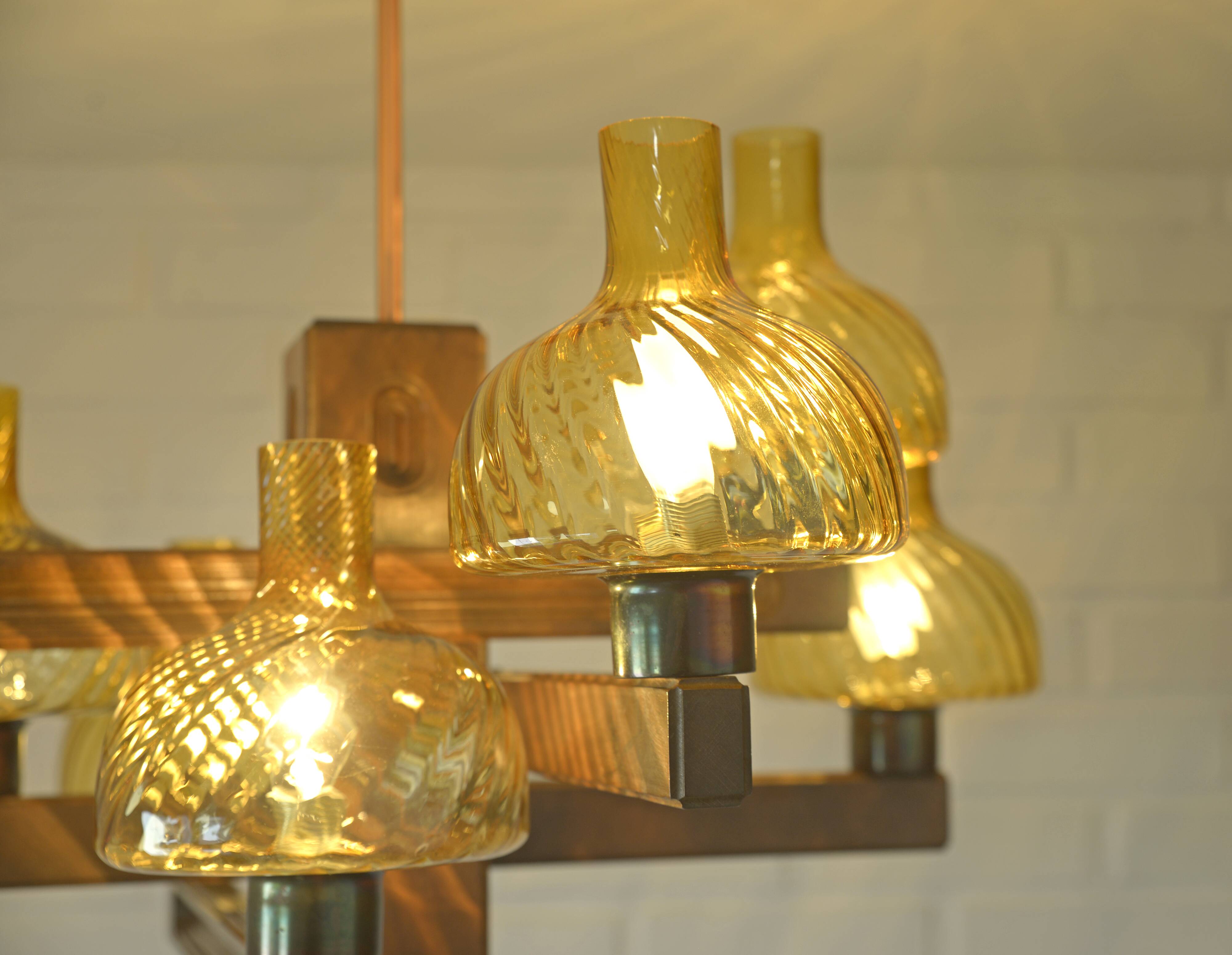 Large Vintage Rustic Wooden Chandelier Amber Glass shades Carved Wood 1980