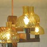 Large Vintage Rustic Wooden Chandelier Amber Glass shades Carved Wood 1980