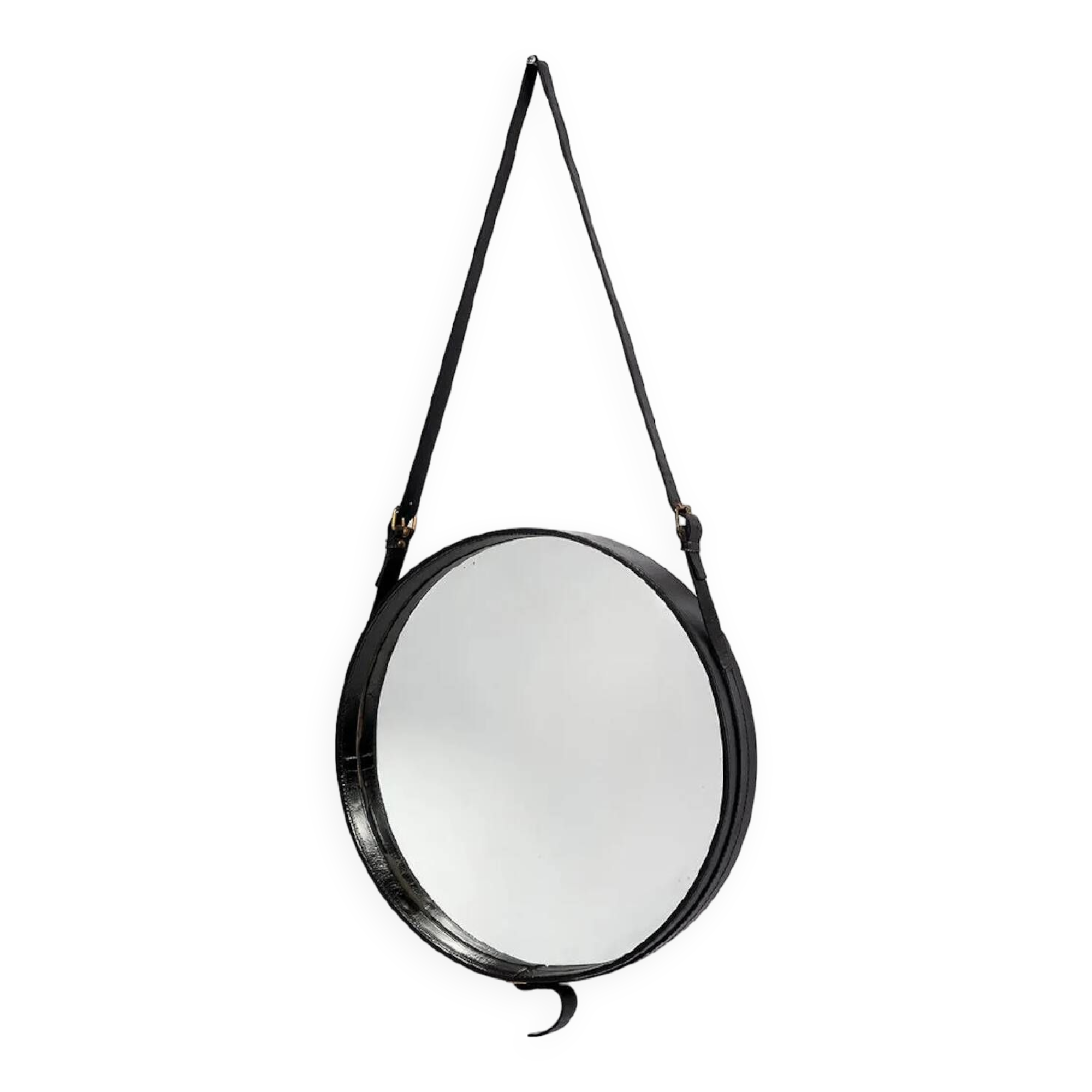 Jacques Adnet circular leather and brass mirror