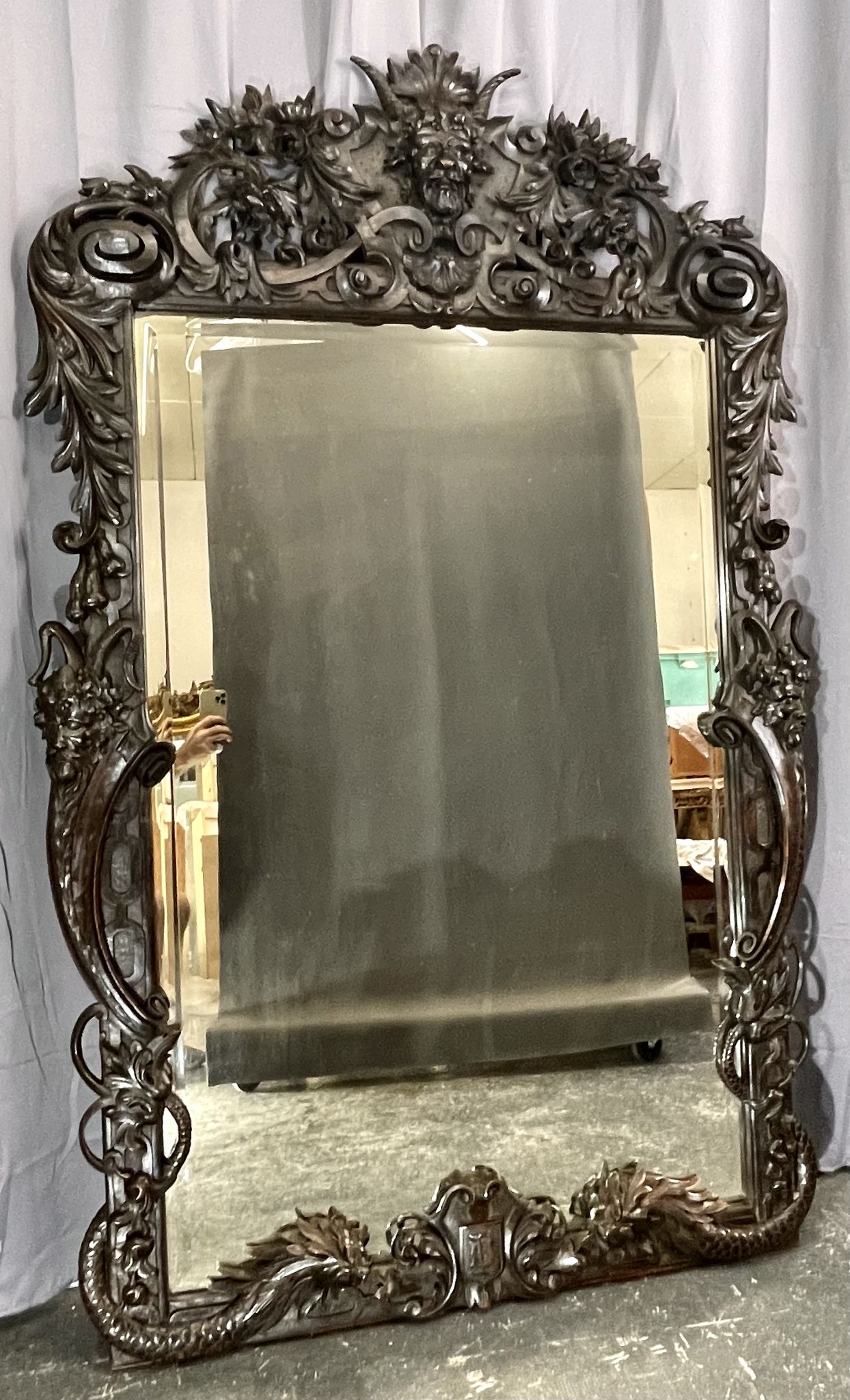Mirror 191x122 cm period XIXth in natural wood, decoration of chimeras, satyrs