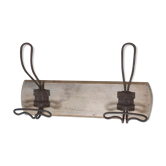 Old vintag coat rack2 metal hooks with mascarons (faces) on beech wood plate