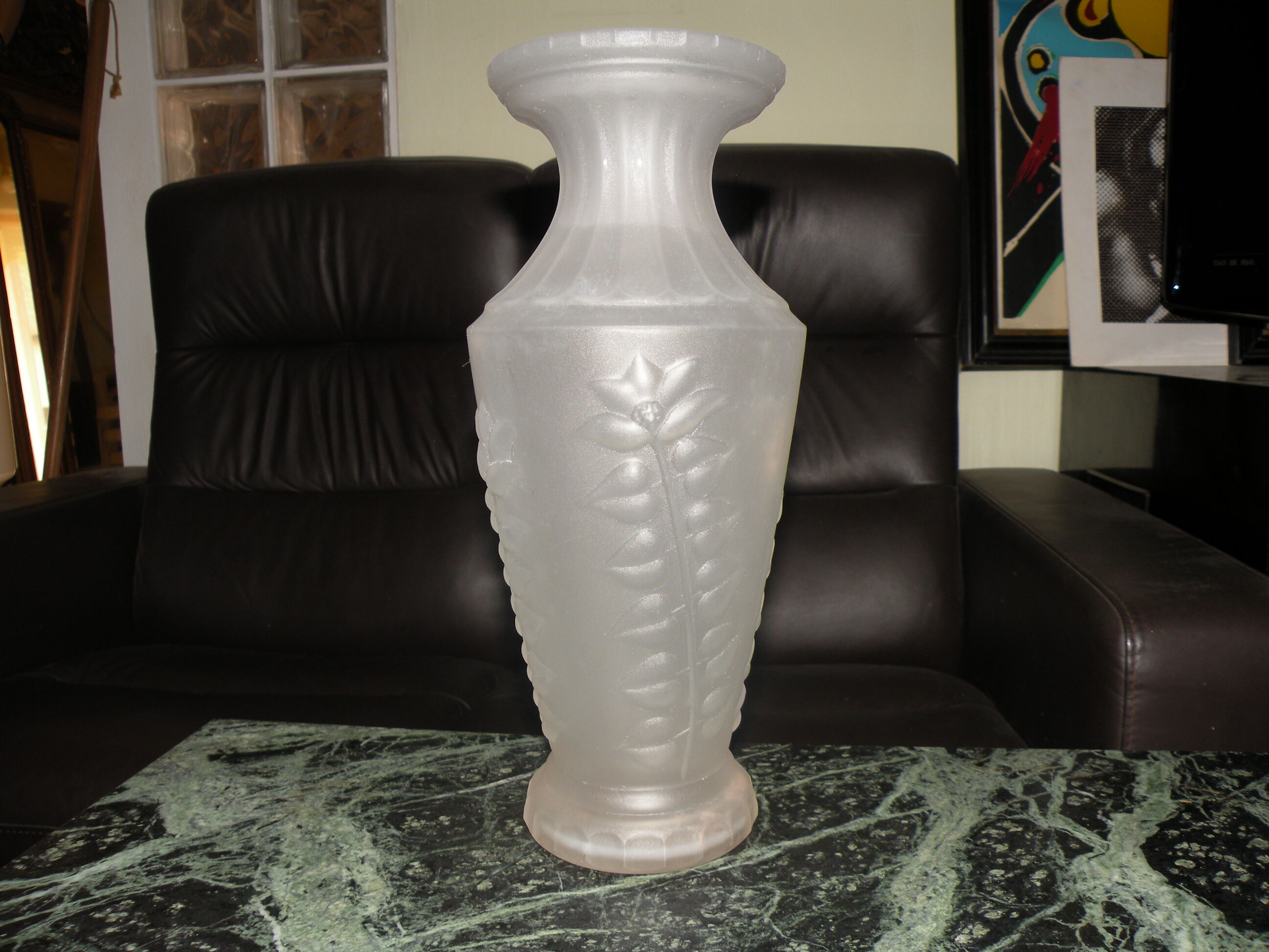 Old frosted glass vase, pressed molded flower decoration, 1940, 1950