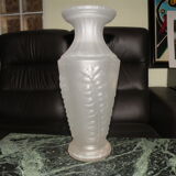 Old frosted glass vase, pressed molded flower decoration, 1940, 1950