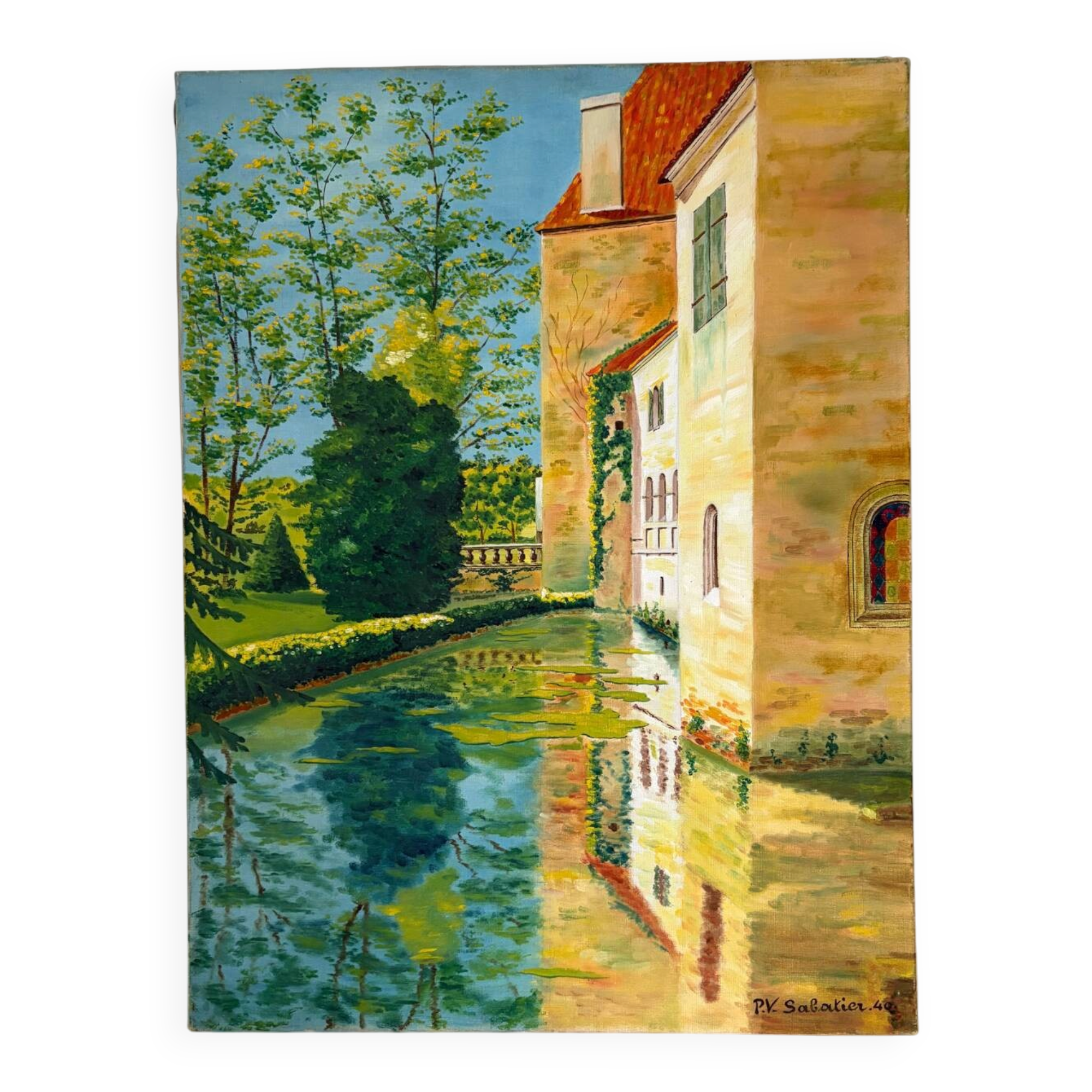 Reflections of the castle, oil on canvas, signed P.V. Sabatier 1940