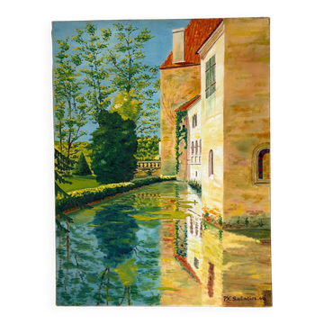 Reflets du château, huile sur toile, signé P.V. Sabatier 1940