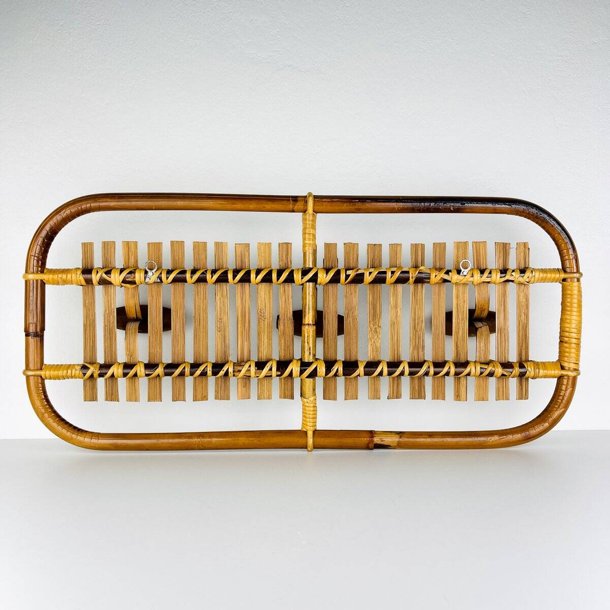 Bamboo and rattan coat rack in mid-century style attributed to Olaf Von Bohr, Italy, 1950s.