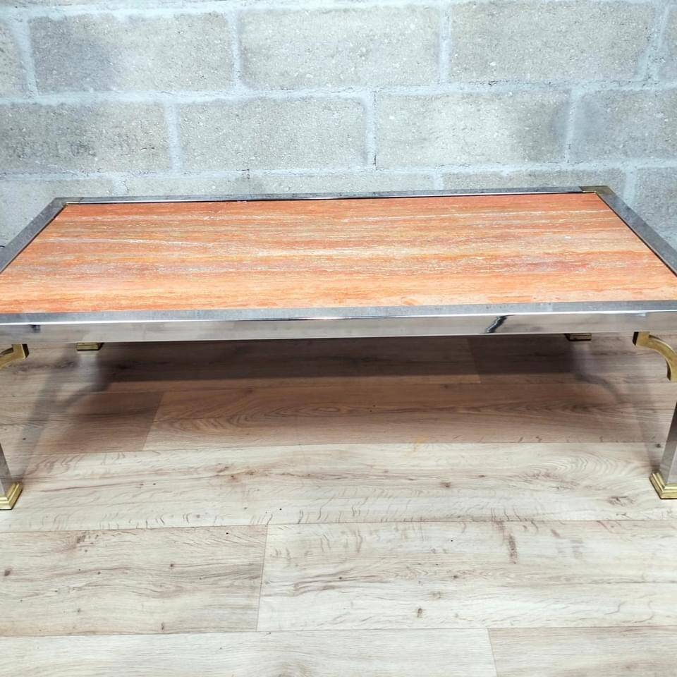Vintage coffee table chrome steel and brass marble top Italy circa 1970