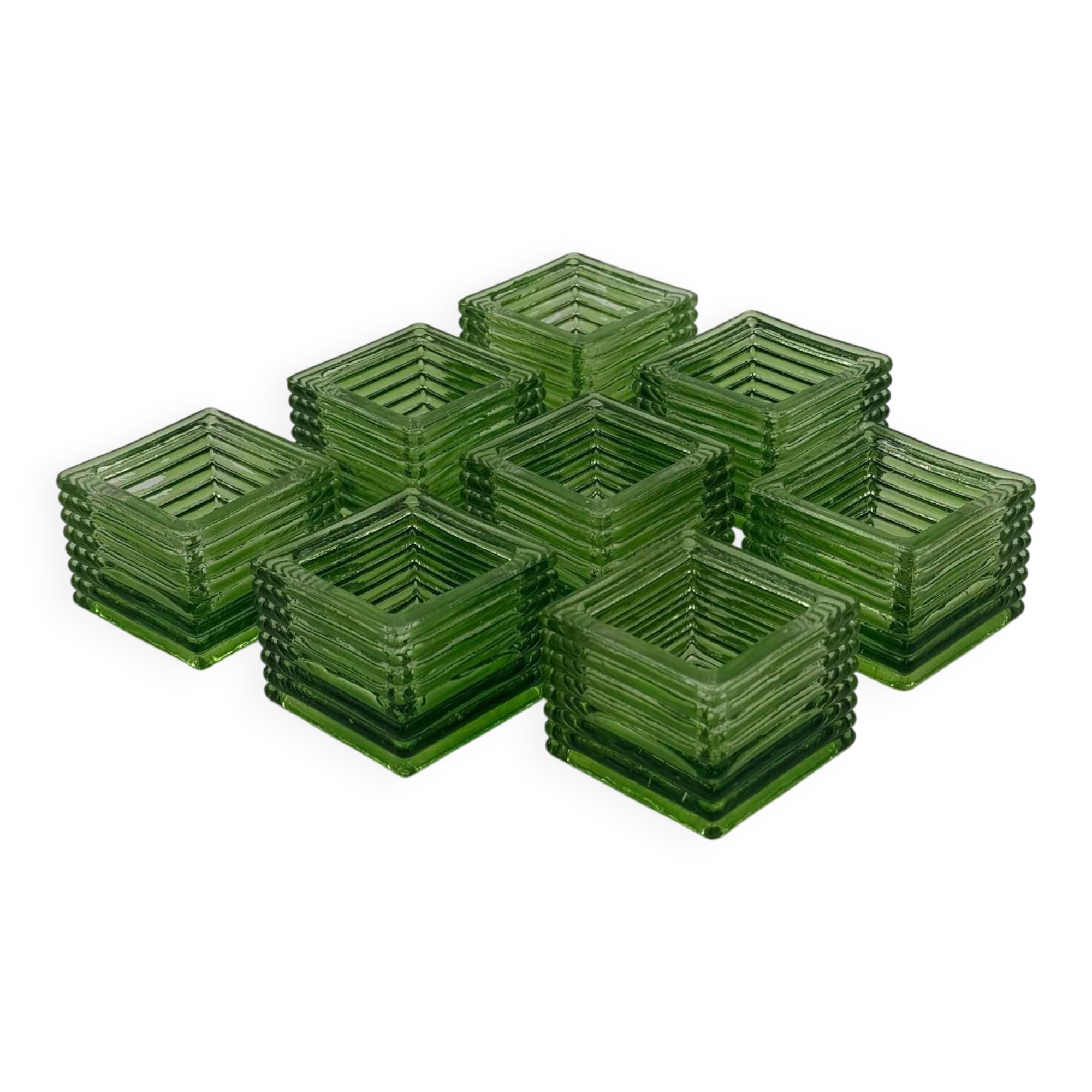 Set of 8 vintage green pressed glass candle holders