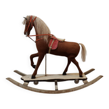 Rocking horse made of wood, fabric and natural horsehair, 1940-1950