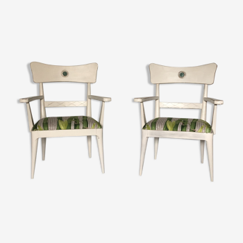 Paire de fauteuils design en bois laqué blanc France vers 1960 vintage
