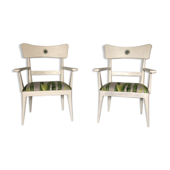 Pair of white lacquered wooden design chairs France circa 1960 . vintage re-tapiss.