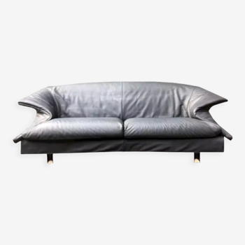 Blue-Grey Leather Sofa by Saporiti, 1980s