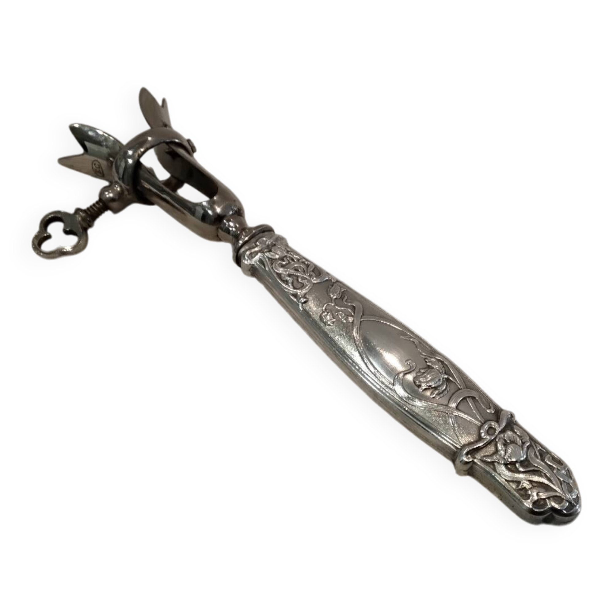 Silver-plated metal leg of lamb handle in art nouveau style