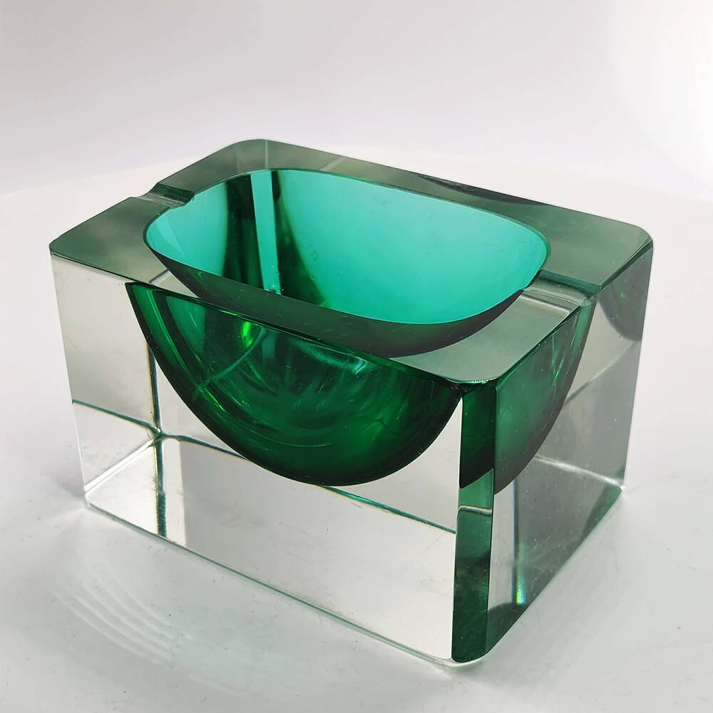 1960s Rare Rectangular Uranium Multifaceted Ashtray in Murano Glass