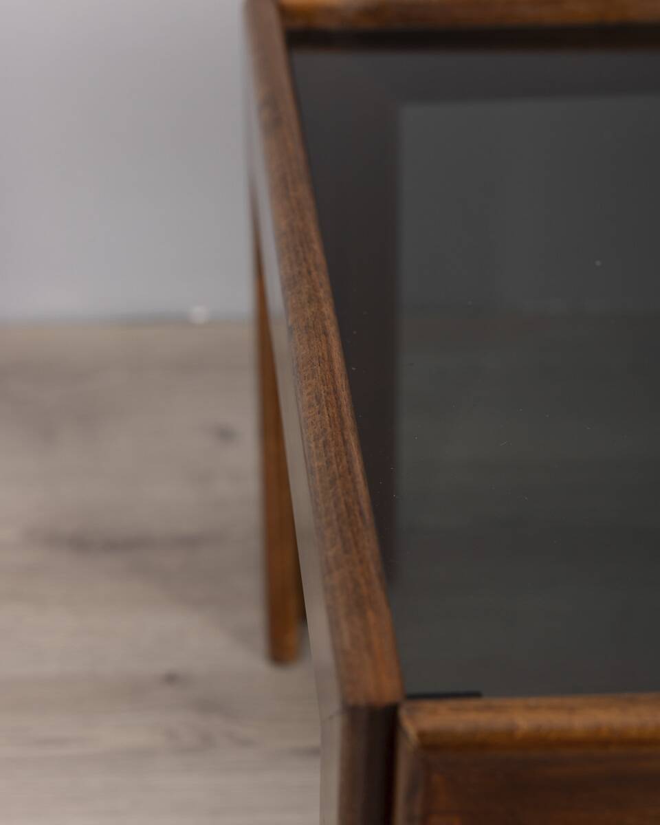 Vintage 1970s coffee table in wood and smoked glass, Italian design