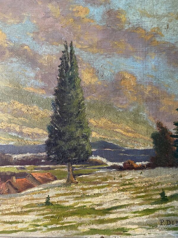 Tableau HSP ''Paysage de neige au village'' signé P. Debu daté de 1942 + cadre