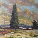HSP painting "Snow landscape in the village" signed P. Debu dated 1942 + frame