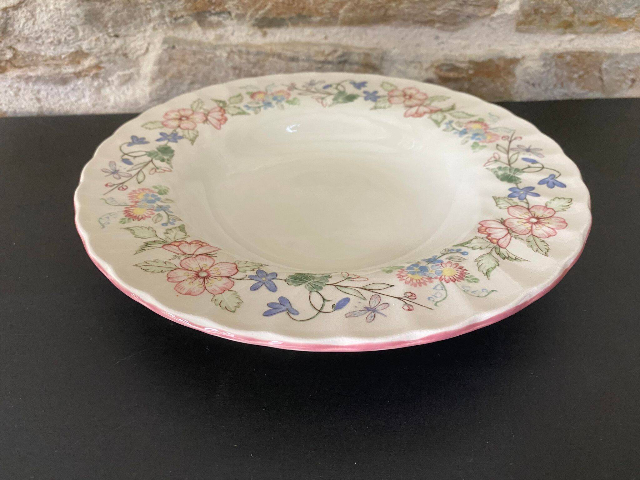 6 Myott Meaking English earthenware soup plates, Spring Fields decor