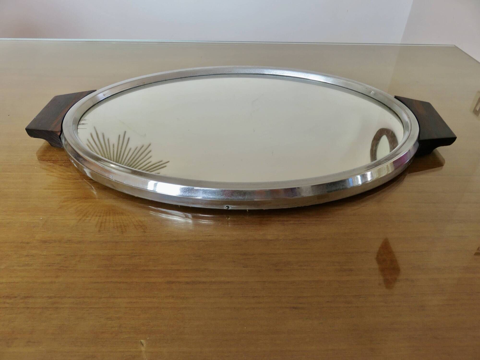 Oval mirror plateau, chrome brass and rosewood, Art Deco, 1920s 30s