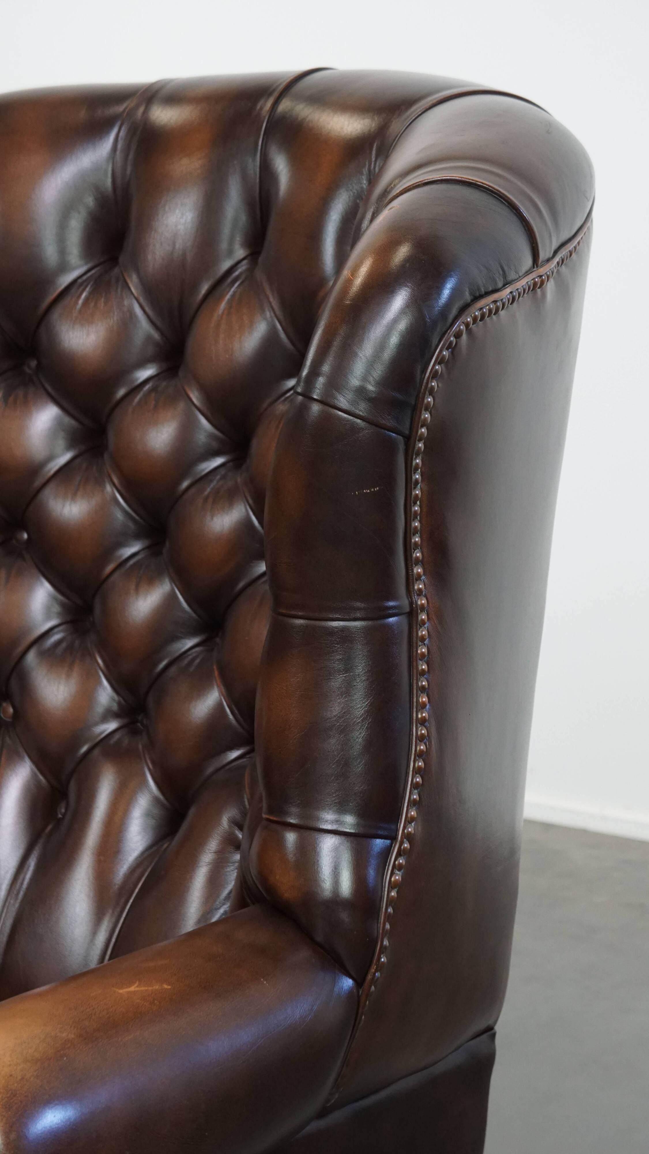 Dark Brown Cowhide  Leather Chesterfield Wingback Chair
