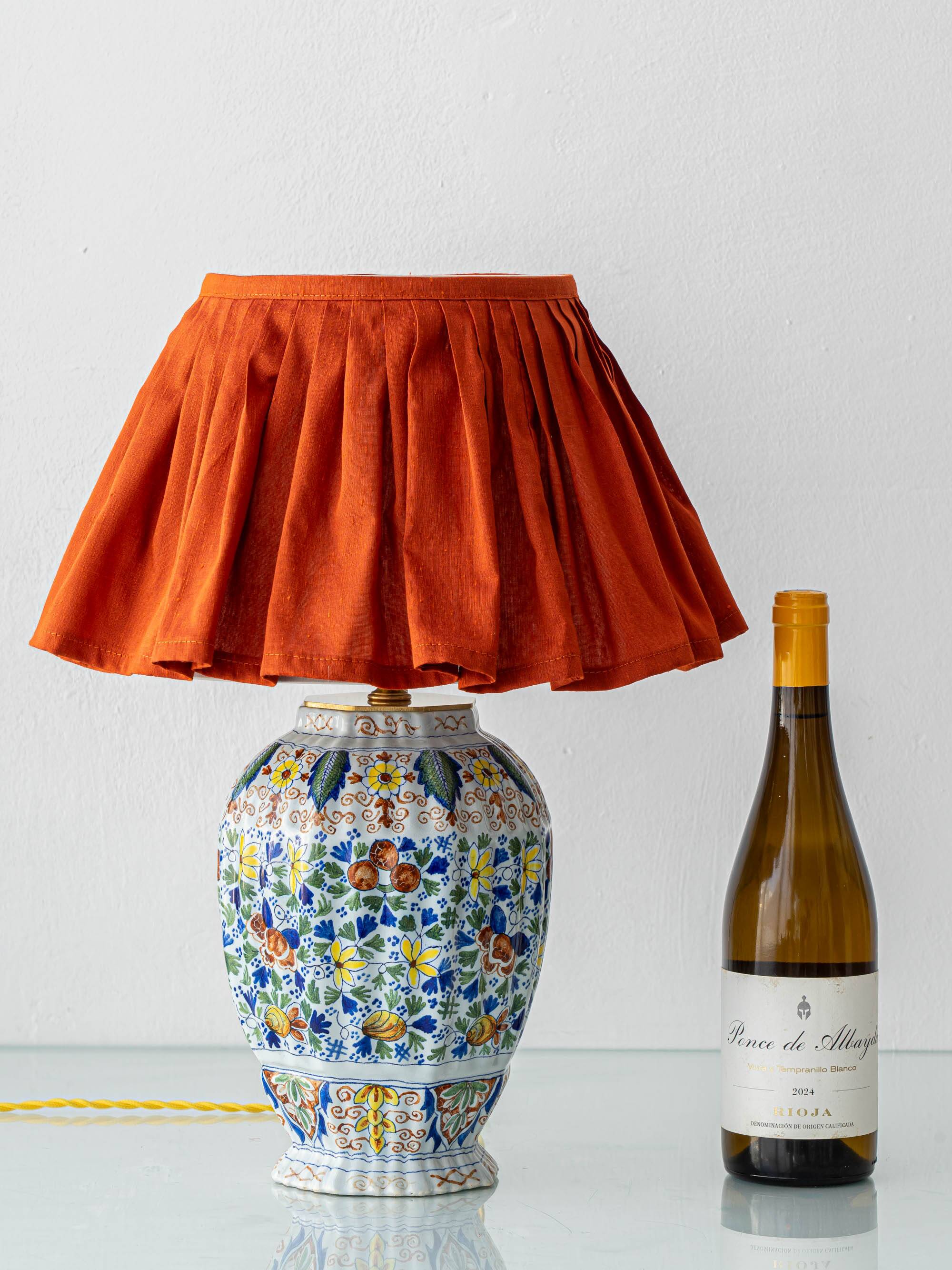 Polychrome Dutch Delft Table Lamp, Tichelaar Makkum, with New Loose Pleat Silk Shade