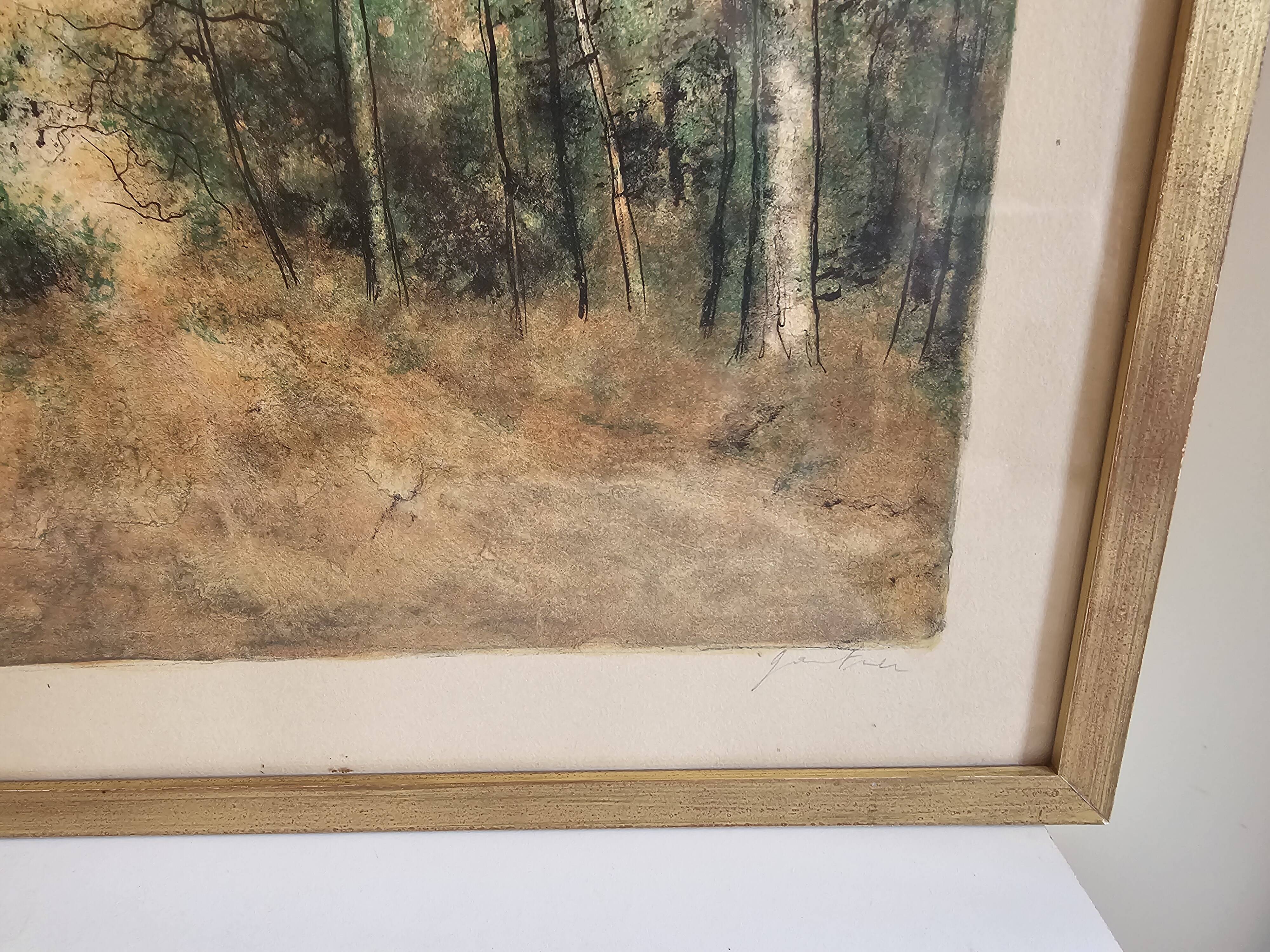 Tableau Lithographie ancienne - Paysage forêt - Bernard Gantner