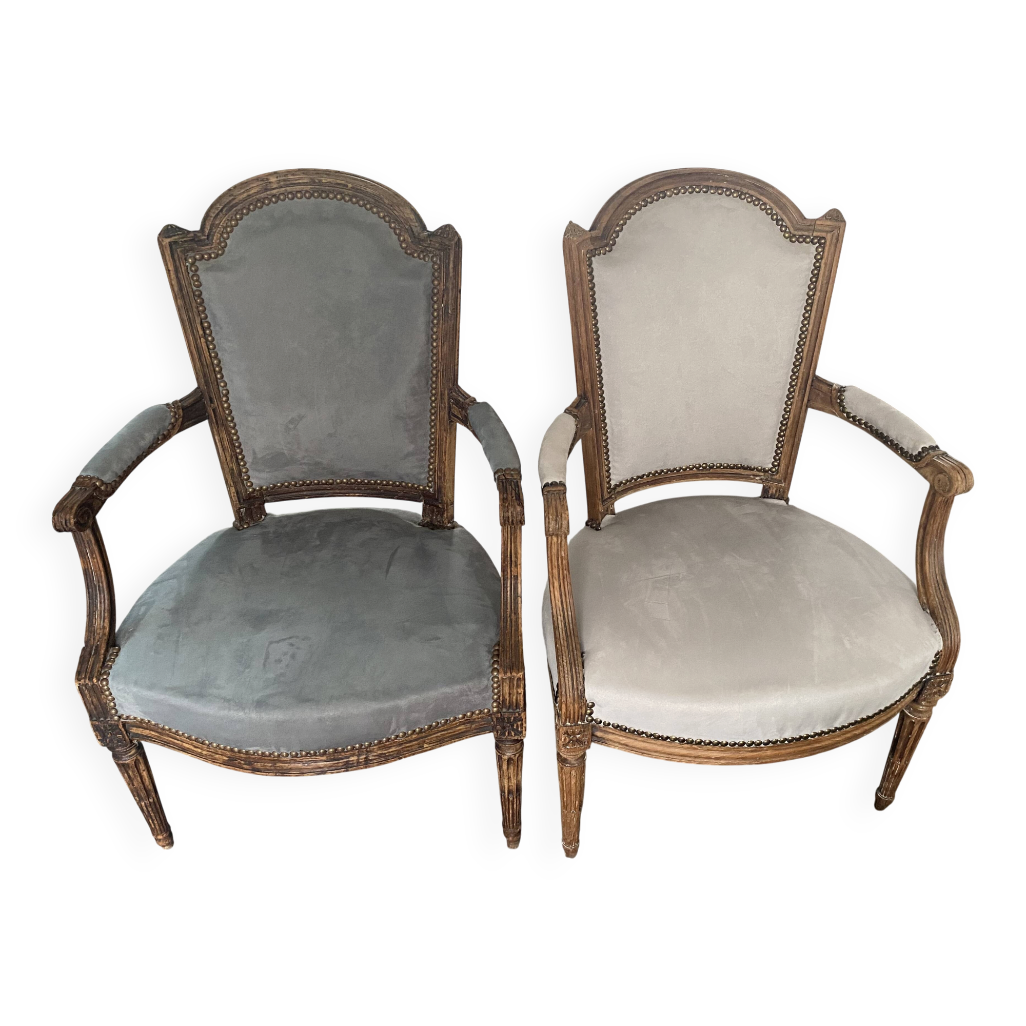 Pair of cabriolet armchairs in light grey and dark grey Louis XV style.