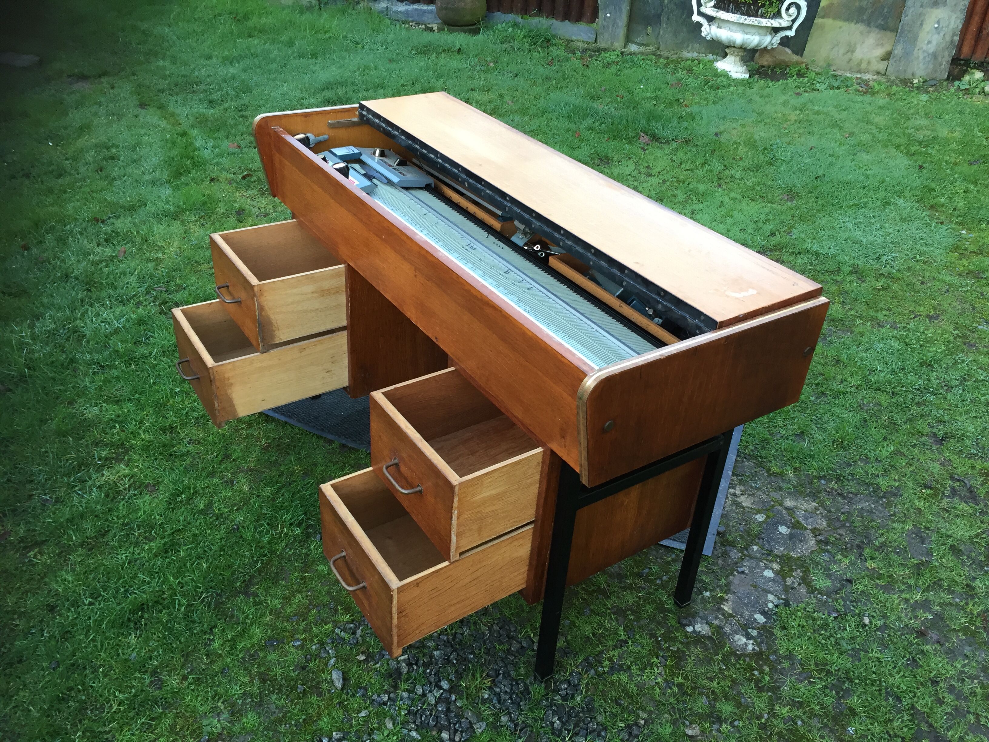 Vintage oak console desk table with square metal tube base (knitting machine)