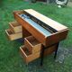Vintage oak console desk table with square metal tube base (knitting machine)