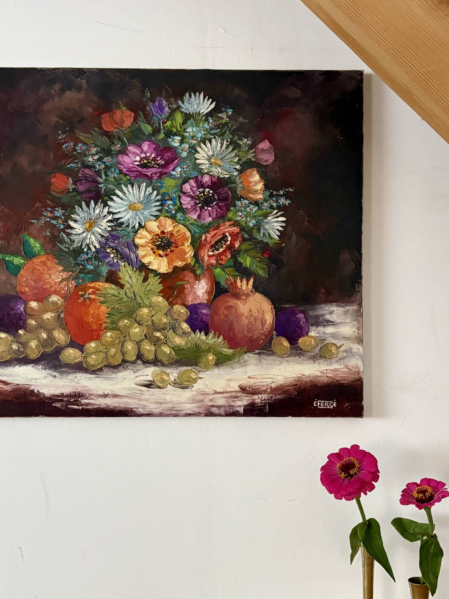 Old painting, still life of flowers and fruits.