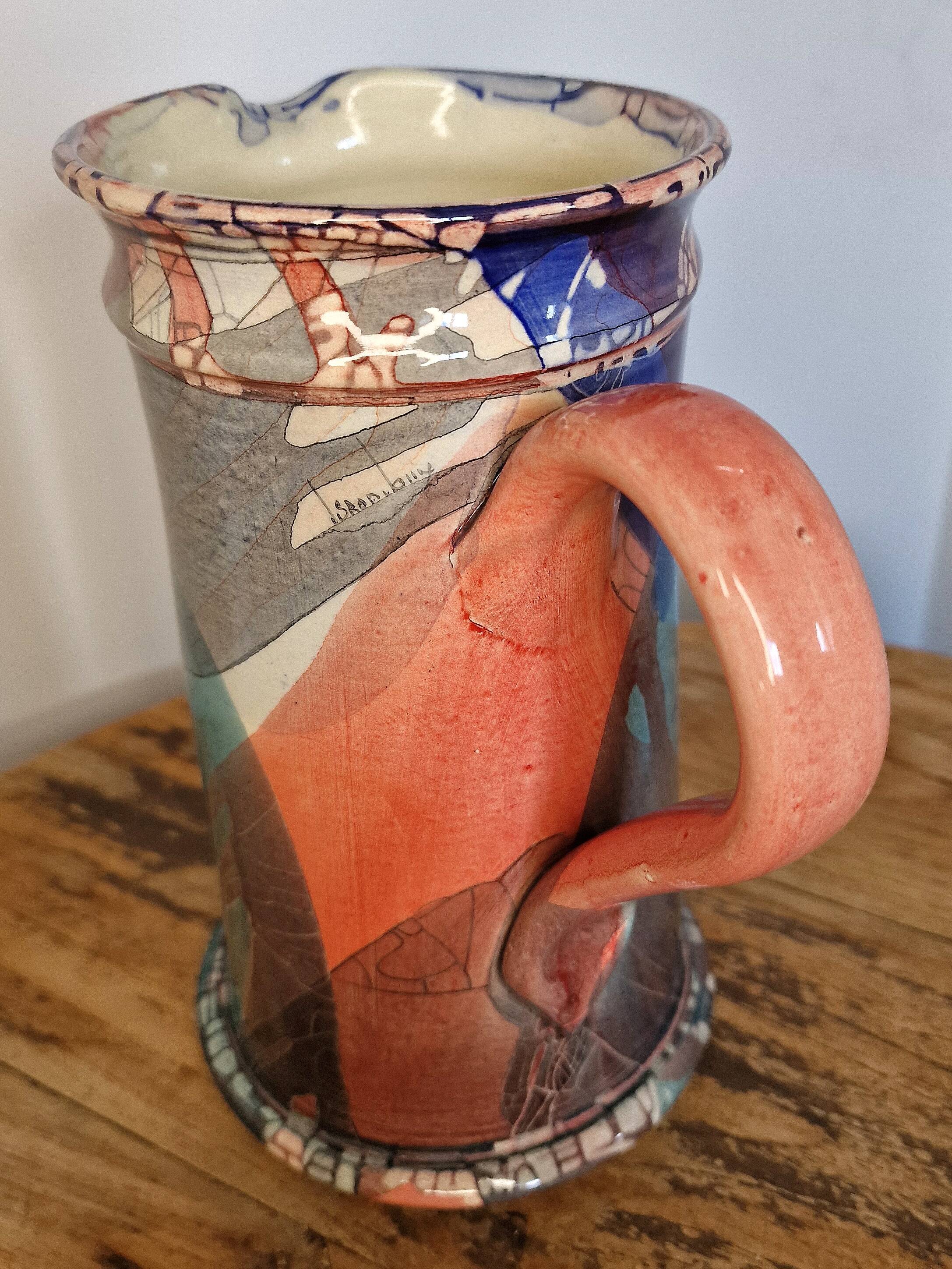 Large sculptural ceramic pitcher by a signed artist – abstract decoration