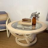 Oval patinated wood and beveled glass coffee table