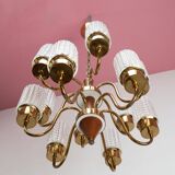 Swedish mid-century chandelier in teak with 12 tulips Eriksmalaglass (38 cm)