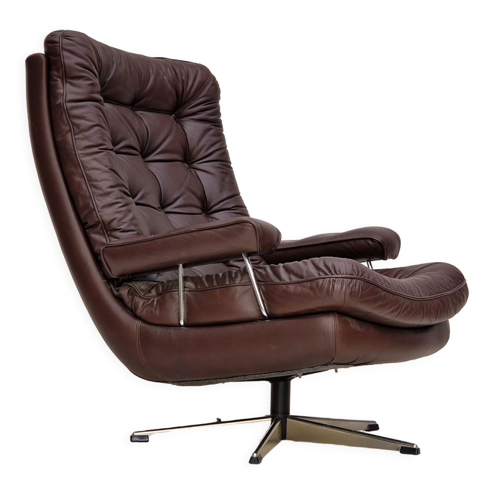 Vintage danish swivel leather armchair 1970s