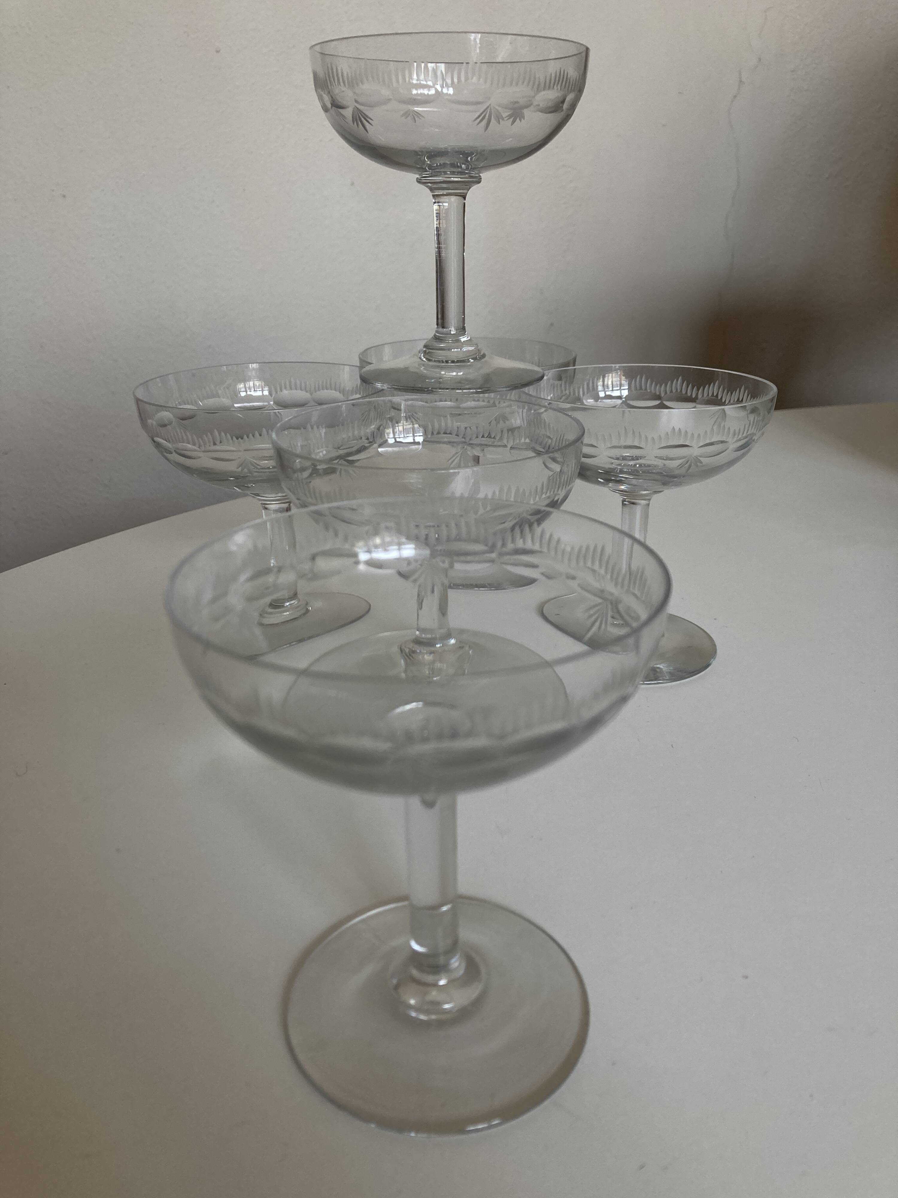 Set of 6 faceted cut crystal champagne glasses, Napoleon III style