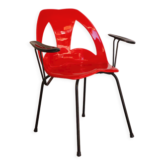 Chaise vintage en plastique rouge thermoformé et métal vers 1970