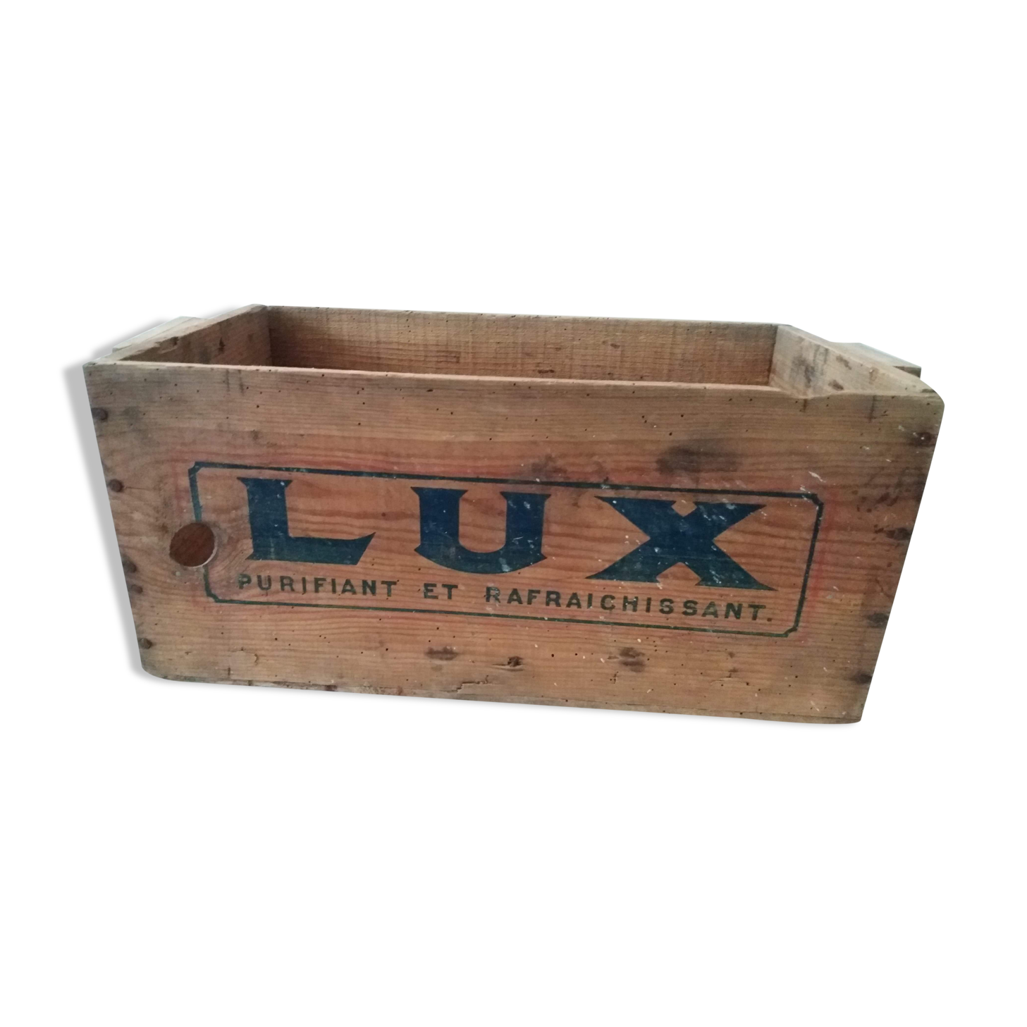 Ancienne caisse publicitaire en bois LUX