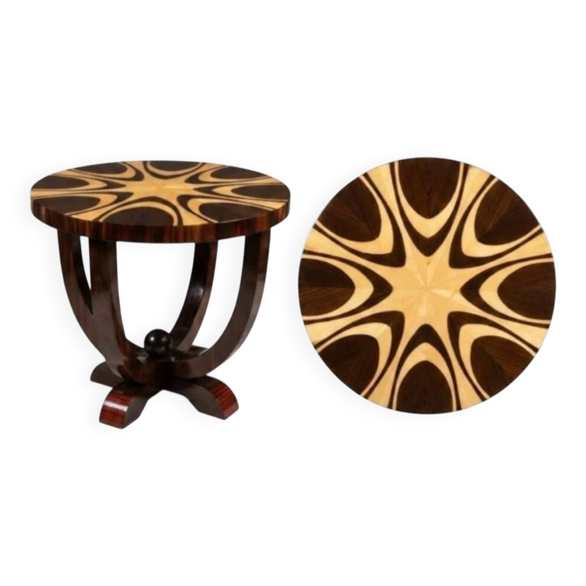 A round Art Deco table made of beech wood, rosewood & elm burl.