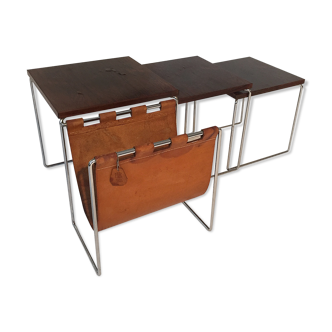 Brabantia rosewood tables with leather magazine holder 1960