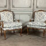 Pair Of Louis XV Queen Armchairs In Carved And “chené” Wood, 18th Century